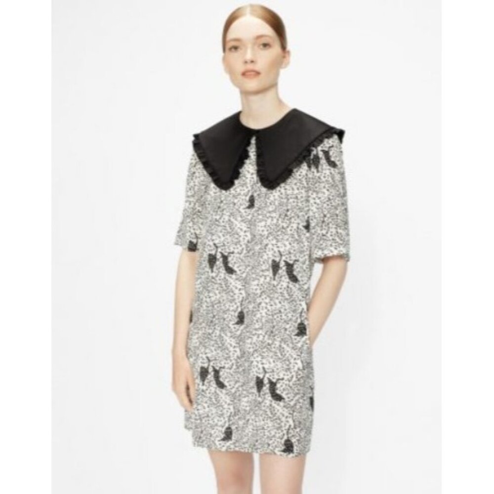 Ted Baker White Black Ruffle Collar Cat Print Oscala Dress, Size 2 TB | 6 US